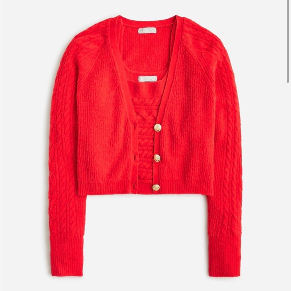 J.Crew Supersoft cropped cable-knit sweater-tank set in Cherry Red